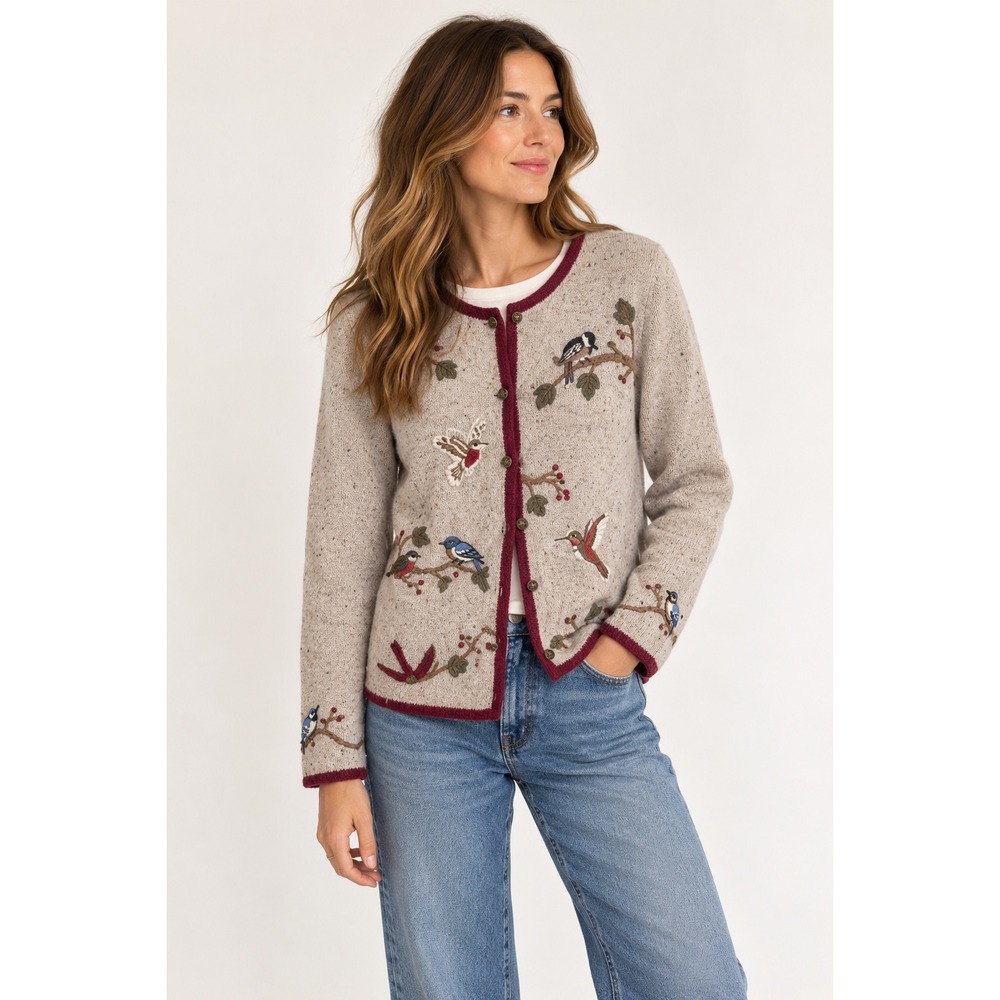 Vintage Christopher Banks Embroidered Bird Cardigan Sweater Oatmeal Wool Blend L